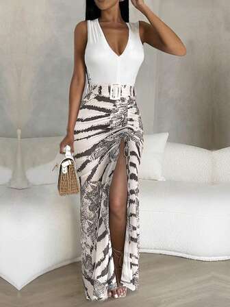 Casual Style Knit Sleeveless Off-The-Shoulder V-Neck Solid Color Vest Splicing Asymmetric Wave Zebra Stripes Print Pleated Slim-Fit Slit Sexy Dress