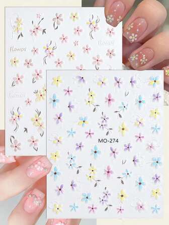2张5D立体浮雕花朵美甲贴纸，柔和的春季花卉图案，适用于韩式果冻美甲和裸色美甲设计