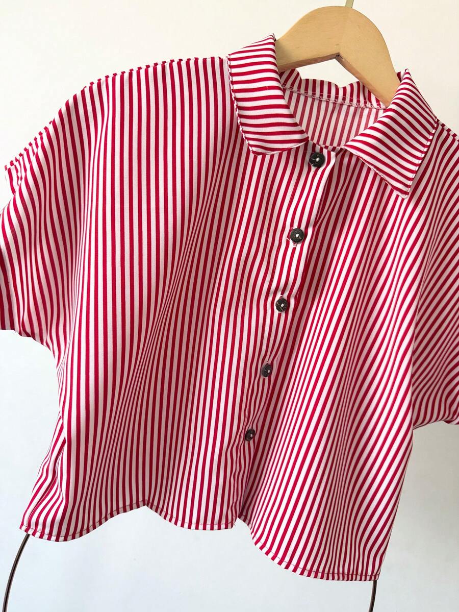 ELLIE Casual Striped Printed Loose Cropped Shirt - 紅色條紋 - 查看 1