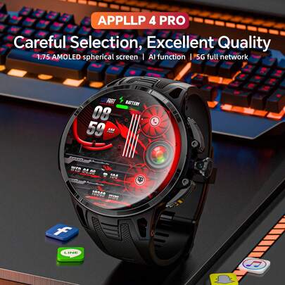 LOKMAT APPLLP 4 PRO Smart Phone Watch, 1.75-Inch AMOLED Screen, Supports 4G/5G Phone Cards, Compatible With Android And IPhon Devices, 180° Pull-Out Knob HD Camera, Cellular Data Network, Wi-Fi Network Connection, Third-Party Application Download, APP Information Push, Reminder Function, Equipped With Android System 8.1