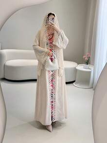 2pcs Women's Elegant Party Dress Set, Including 1 Lace Trim Robe, 1 Sleeveless Slip Dress, And 1 Headscarf
