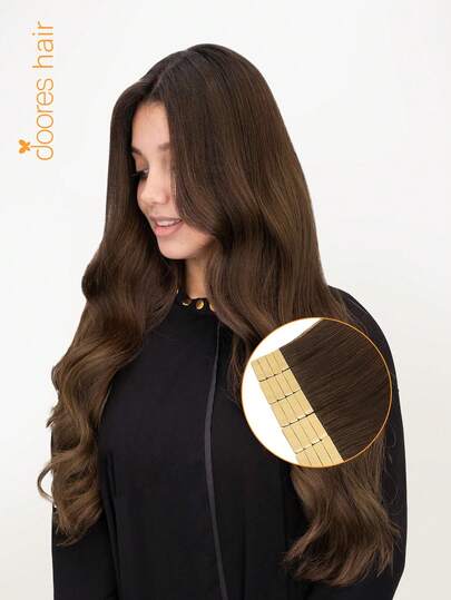 DOORES 50g 20pcs Tape In Hair Extensions 100% Real Human Remy Hair Chocolate Brown, Heat Friendly & Colorable Seamless Tape Adhesive Straight Skin Weft Tapeins For Thin Hair Woman Add Volume & Length, Easy To Apply Hair Transformation, Holds Up Well For Cosplay, Daily Use, Graduation, Anniversary, Holiday Hairstyles