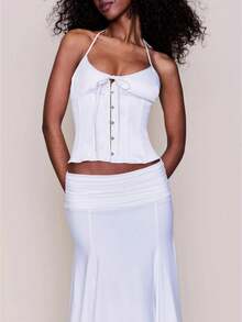 Red Satin Halter Neck Corset Top For Women, Boned Bustier Style Tank Top With Front Hook  Eye Closure, Shaping Crop Top For Party, Club, Streetwear  Night Out - 白色 - 查看 1