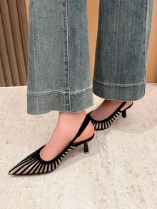 Xin Jing Shoes 新款优雅女士高跟鞋，休闲性感时尚网面露后跟通勤约会中跟鞋，猫跟鞋 - 黑色 - 查看 6