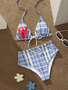 Bộ bikini hai mảnh kẻ caro xanh dương họa tiết tôm hùm và cá, kiểu dáng dễ thương, thời trang và ôm sát gợi cảm, là món đồ không thể thiếu cho các hoạt động thể thao ở bãi biển và hồ bơi năm 2026. - Màu xanh lam - Xem 2