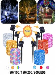 Zewnętrzne lampki solarne, 50/100/150/200/300 LED z miedzianym drutem | Lampki ogrodowe, 8 trybów, gwiaździste światła, wodoodporne, IP65, dekoracyjne lampki świąteczne w kształcie wróżek, na zewnątrz, wesele, do domu, na wesele, do ogrodu, na trawnik, na imprezę, na Halloween (ciepła biel/biel/kolorowe/czerwone/niebieskie/różowe)