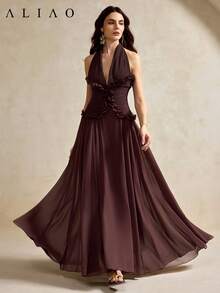 Aliao Elegant Ruffled Hem Spaghetti Strap Maxi Dress, Brown, Suitable For Wedding, Formal Party, Outing Summer - Dark Brown - View 5