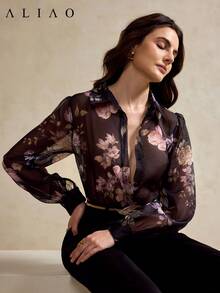 Aliao 高端印花长袖薄纱衬衫，度假风，秋季女装，纽扣衬衫，Fowy 夏季上衣 - 彩色 - 查看 1