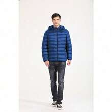 Lightweight Men's Puffer Jacket – Hooded Cotton-Padded Zipper Coat For Winter Cold Weather, Comfortable Travel Outerwear & Christmas Gift Option - 黑色+牛仔布 - 查看 2