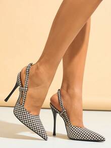 Women's Pointed Toe Stiletto Stilettos Fashionable Houndstooth Backless Buckle High Heel Pumps - White/Brown - View 2