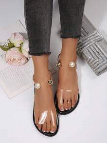 Summer New Round Toe Transparent Minimalist Lightweight Slip-On Pearl Metal Buckle Women Outdoor Beach Sandals - Black - View 2