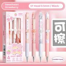 4pcs Erasable Gel Pens With Comfort Grip, 0.5mm Fine Tip, Black & Blue Ink - Cute Pastel Design With Bow & Strawberry Decor, Perfect For School, Exams, And Gift-Giving, School Stationery | Cute Gel Pens | Plastic Gel Pens, Pens For Writing