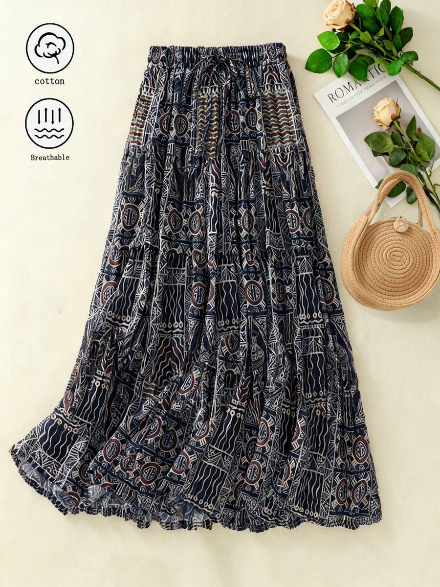 女士波西米亚几何印花弹力腰半身裙，适合度假和日常穿着，春夏款 - 藏蓝色 - 查看 1
