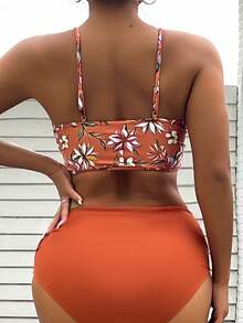 Bộ bikini mùa hè mới, đồ bơi 2 mảnh thời trang, kiểu dáng châu Âu & Mỹ với họa tiết hoa, dây chéo, cạp cao, đồ bơi gợi cảm, dây mảnh, thích hợp cho kỳ nghỉ biển, giữ ấm mùa xuân. - Màu Cam san hô - Xem 2