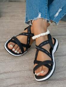 2026 Women's Solid Color Beach PU Leather Criss-Cross Strap Non-Slip Soft Bottom Sandals, Outdoor & Indoor Summer - Black - View 13