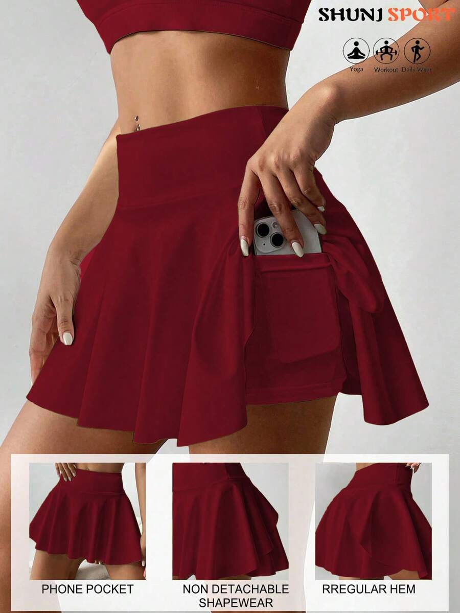 高腰白色网球裙裤，二合一防闪光高尔夫/羽毛球/健身短裙，带口袋，夏季运动裙裤，适合瑜伽、户外跑步，新款女装 - 酒紅色 - 查看 1