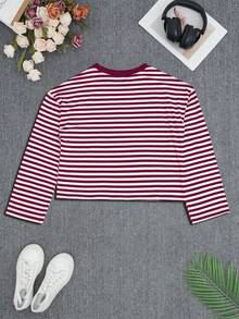 Loose Fit Colorblock Striped Long Sleeve T-Shirt, Casual Versatile Layering Top - Red - View 3