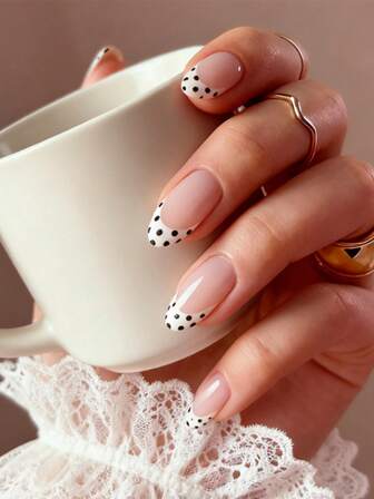 24pcs Short Almond-Shaped French Polka Dot Classic Minimalist Design Glossy False Nails With 1 Nail File & 1 Nail Glue, Upgrade Your Style