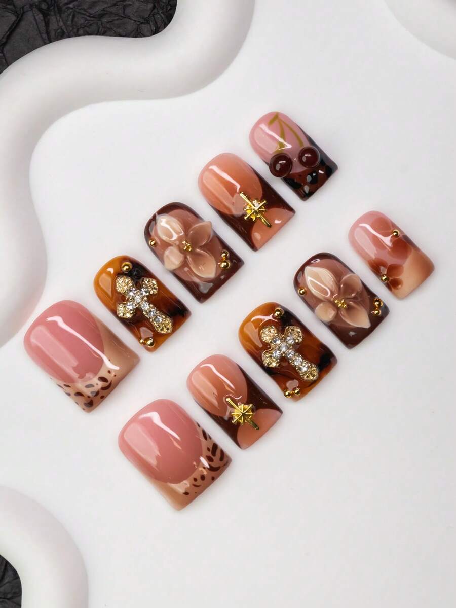 Bộ 10 móng giả thủ công phong cách Y2K cá tính, màu nude, nâu, hổ phách, be bóng, kiểu Pháp, họa tiết hoa, da báo, thánh giá, ngôi sao, hạt cườm, phù hợp cho phụ nữ và bé gái, dự tiệc, sử dụng hàng ngày. Bao gồm bộ dụng cụ, quà tặng tuyệt vời cho người làm móng. - Nhiều màu - Xem 1