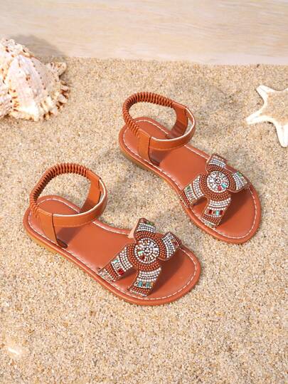 1 Pair Girls' Caramel Brown Beaded Decor Thong Sandals, Faux Leather & Beaded Upper, Adjustable Thong Strap And Elastic Band, Open Toe Low-Top Design, Soft Flat Sole, Casual Style, Suitable For Beach Play And Everyday Wear
