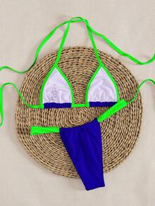 Bộ bikini tam giác siêu nhỏ màu trơn mới, kiểu dáng thanh lịch, buộc dây cổ, thích hợp cho mùa hè đi biển và du lịch. - xanh lam-xanh lục - Xem 3