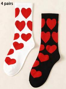 2/4 双装女士中筒袜，饰有红色爱心图案，黑白底色搭配红色爱心印花设计，舒适的罗纹针织袜口，浪漫时尚，适合日常穿着、情侣搭配以及情人节、母亲节等节日。 - 彩色 - 查看 7
