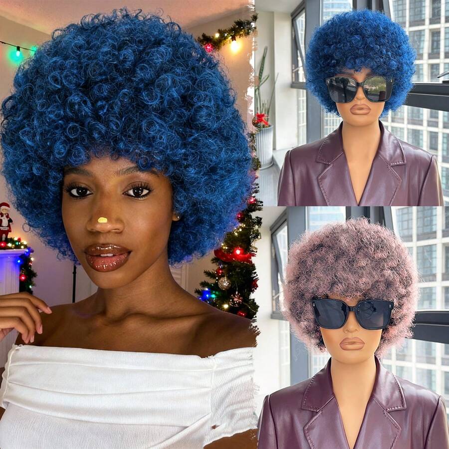 باروكة أفرو قصيرة مجعدة بطول 6 بوصات للنساء، باروكة أفرو كينكي كاملة مختلطة باللون الأزرق للنساء للاستخدام اليومي وحفلات الهالوين - متعدد الألوان - مشاهدة 1