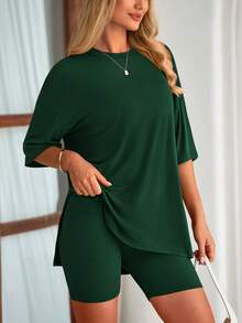 PRETTYGARDEN Women's Summer Clothes 2 Piece Sets Lounge Set Casual Oversized Shirts Biker Shorts Matching Airport Travel Sweatsuit Set Women Vacation Outfit Dark Green Summer Brunch Outfits For Women - 墨綠色 - 查看 3