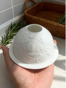 1个陶瓷圆顶茶蜡烛台，带灯罩和托盘（不含蜡烛），优雅玫瑰花造型，逼真花瓣，精致3D烛台，适用于客厅、餐桌、家居装饰