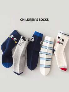 5双装儿童可爱小狗图案运动袜，简约设计，适合户外活动，透气舒适，适合学生，春夏款 - 藏蓝色 - 查看 4