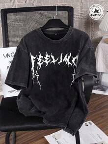 Hemo 男士街头风图案T恤，略带弹力做旧效果棉混纺黑色圆领短袖T恤，休闲日常返校季T恤 - 黑色 - 查看 1