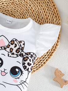 Baby Girl Summer Short Sleeve Ruffle Cuff Cartoon Cat Print Round Neck T-Shirt And Ruffle Hem Shorts Set - White - View 4