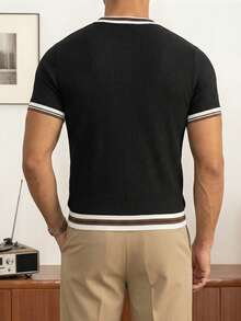 男士圆领罗纹休闲百搭通勤针织短袖上衣 - 黑色 - 查看 3