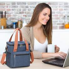 Cooler Bag, Picnic Bag, Insulated Bag, Lunch Bag For On The Go, Double-Decker Thermal Bag For Men And Women, Foldable Insulated Lunch Bag, Portable Lunch Box, Reusable Lunch Box For Men And Women With Shoulder Strap, Lunch Bag With Powerful Cooling Performance. Waterproof, Foldable Cooler Bag For School/Work/Outdoors - 藏蓝色 - 查看 3