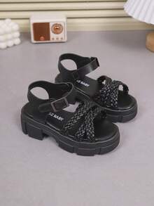 1 Pair Girls' Outdoor Sandals, New Summer Design, Round Toe Woven Criss-Cross Hook And Loop, Fashionable & Elegant, Lightweight & Non-Slip, Girls' High Heel Sandals - Black - View 2