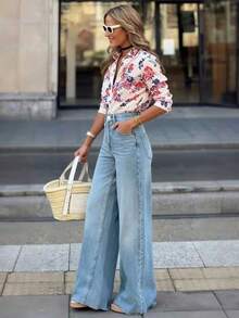 Women's High Waist Wide Leg Jeans, Slimming And Versatile, Elegant For Commuting - Light Blue - View 4