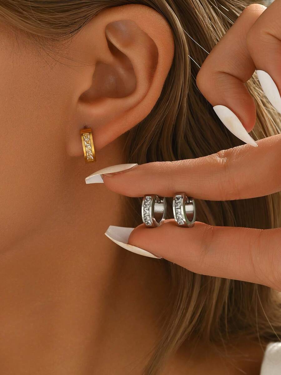 1对/2对 时尚奢华锆石耳钉，高品质不锈钢耳环，设计感十足，适合各种场合，瞬间提升优雅气质 - 輕奢耳環 - 查看 1