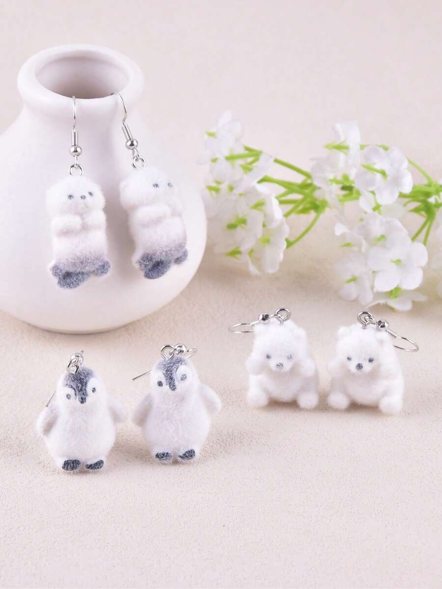 1 Pair Cute Plush Animal Penguin, Polar Bear, Sea Lion Dangle Earrings, Party Jewelry Decoration