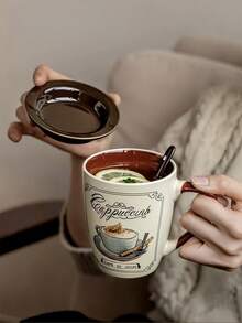 1个带盖勺子的陶瓷咖啡杯，适用于拿铁、摩卡、卡布奇诺等咖啡，复古美式咖啡拿铁杯，法式复古早餐牛奶燕麦杯，适用于餐厅、客厅、咖啡馆等场所。 - 彩色 - 查看 9