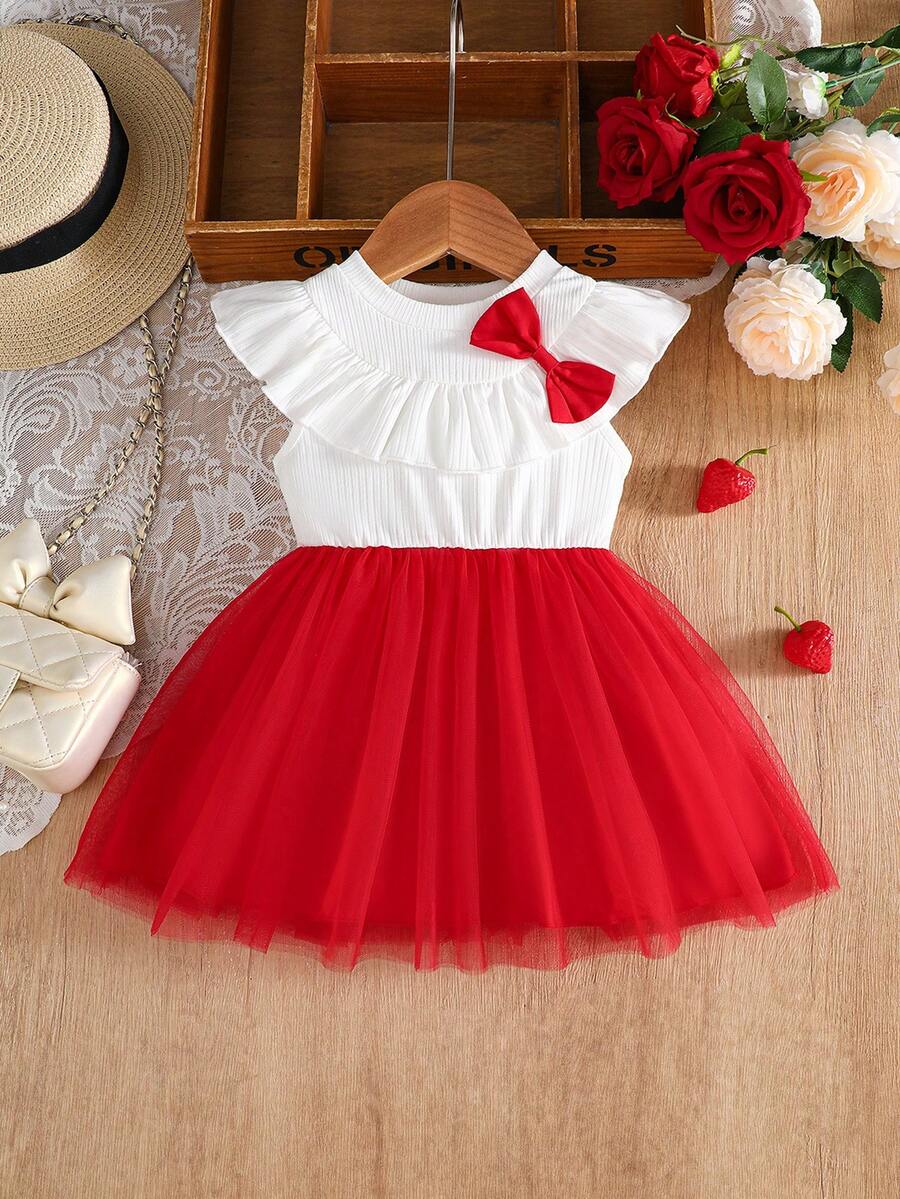 1-3岁女童春夏新款红白荷叶边领蝴蝶结网纱连衣裙，无袖甜美公主裙 - 紅色 - 查看 1