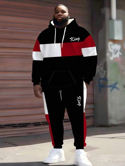 ZhuYa Hot Selling "King" Font And Contrast Stripe Matching Plus Size Men's Hoodie Set, Spring & Autumn Sports 2-Piece Set - Ins Style Plus Size Loose Fit Comfortable Loose Hoodie + Cuffed Sweatpants, Street Hip Hop Versatile