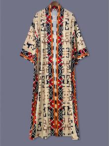 Bohemian Style Striped & Plaid Print Mid-Length Kimono Cover Up Thin Outerwear For Women, Elegant Street Casual Cover-Up, Beach Travel Holiday Robe, Dress Shawl Thin Cloak Outerwear - Apricot - View 2