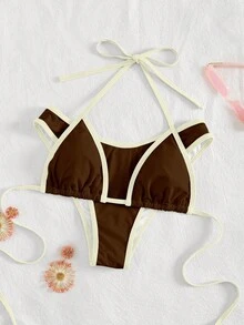 PEPPERMOLLY Bộ bikini màu trơn mới, chất liệu mềm mại, buộc dây cổ, gợi cảm, đồ bơi thời trang dành cho nữ, thích hợp cho kỳ nghỉ hè ở bãi biển. - Bánh bao gạo - Xem 1
