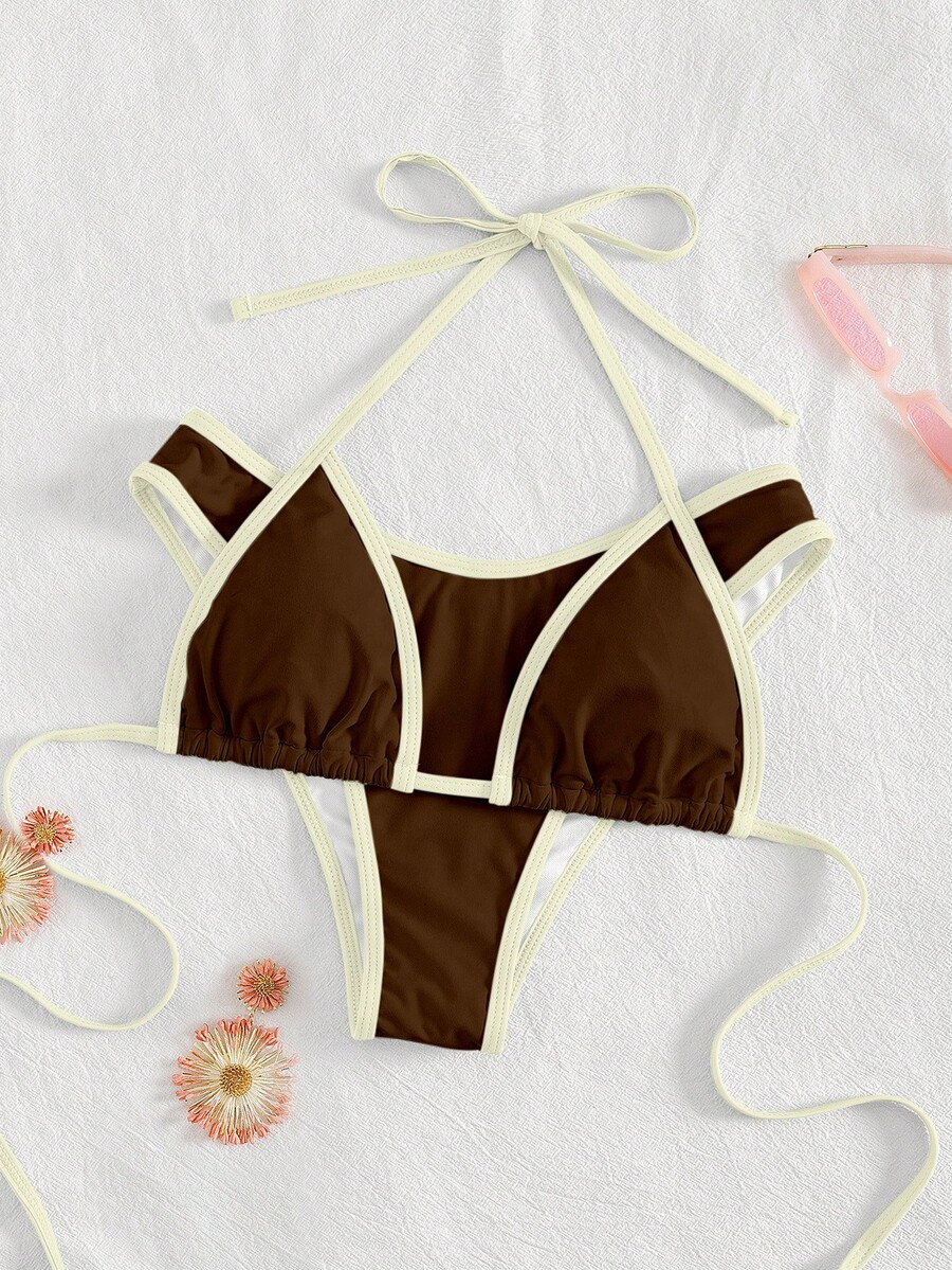 PEPPERMOLLY Bộ bikini màu trơn mới, chất liệu mềm mại, buộc dây cổ, gợi cảm, đồ bơi thời trang dành cho nữ, thích hợp cho kỳ nghỉ hè ở bãi biển. - Bánh bao gạo - Xem 1
