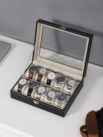 Läderklockask, klockförvaringsdisplay, heminredning, loppmarknadsdisplay, elegant minimalistisk presentask