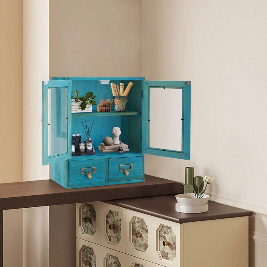 Rainaut Set Of Freestanding Solid Wood Blue Rustic Vintage Mini Wood Counter Top Cabinet With 2 Drawers,Display Case With Magnetic Glass Door, Wall Storage Cabinet For Living Rooms, Kitchens, Offices, Bathrooms, Laundry Rooms, Dressing Rooms, Dormitories, Bedrooms, , And Other Places,Bue - 藍色 - 查看 1