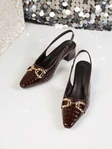 Black Patent Leather Closed Toe Chunky Heel Sandals, New 2026 Spring Autumn Pointed Toe Elegant Office Commute Slip-On High Heel Shoes - Brown - View 3