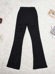 Women's Solid Color Casual High Waist Stretch Distressed Flare Pants - Black - View 2