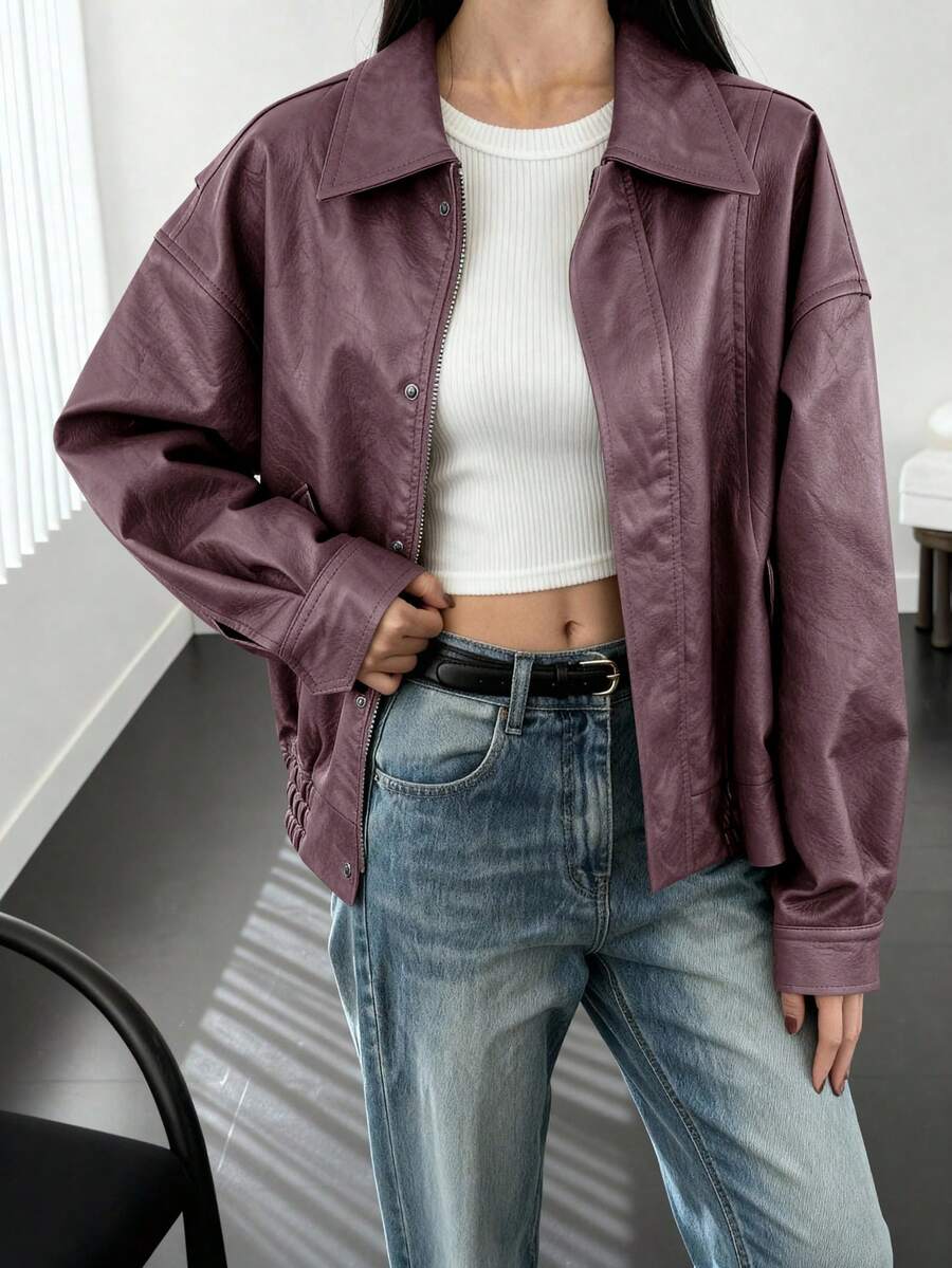 Women's Faux Leather Motorcycle Jacket  Fall Clothes Oversized Zip Up Winter Coat Outerwear - 蒟蒻紫 - 查看 1