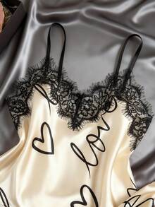 3 Pcs Contrast Lace Letter Print Pajamas Set, Spaghetti Strap Top & Elastic Pants & Bow Decor Shorts, Women's Comfortable Sleepwear & Loungewear, Daily Wear - Champagne - View 5